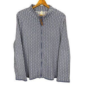 Skovhuus Organic Cotton Blue White Geometric Knit Zip Cardigan Sweater